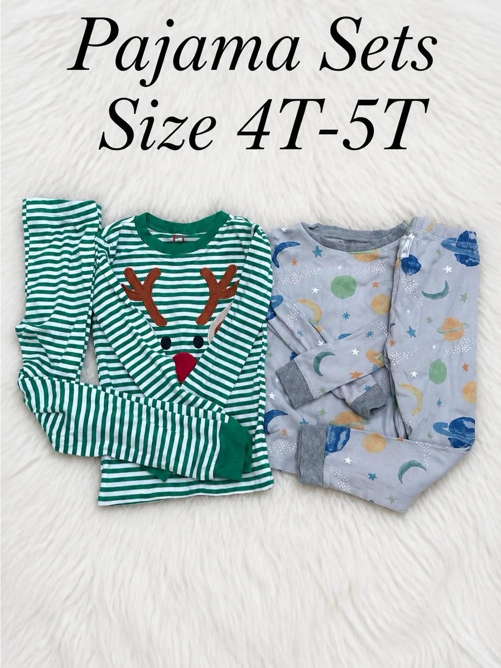 Burt's Bees & PJ Place green Striped Reindeer Pajama Set Gray Space-Print Set